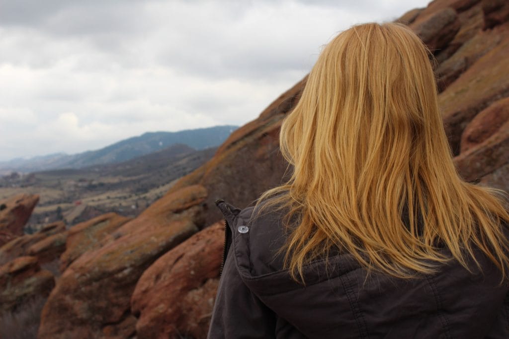 Back of woman's head as she is looking out across the countryside