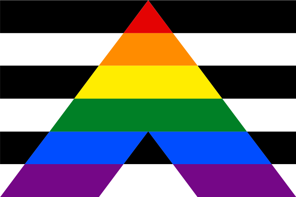 The LGBTQ+ Ally flag, black and white stripes with a rainbow A for Ally on top