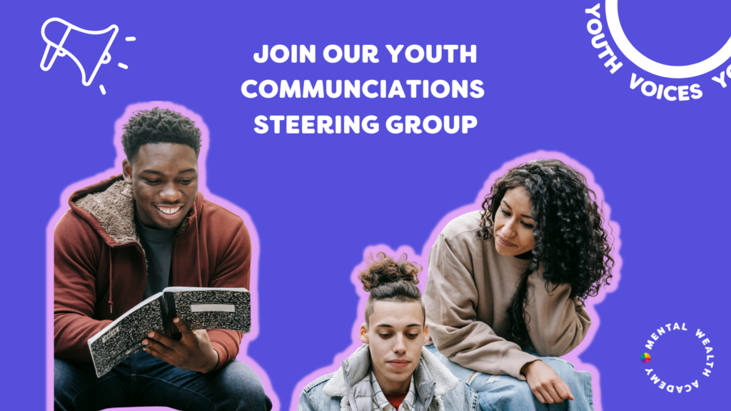 Group of young people engaging with digital devices on a blue background and the words 'Join our Youth Communications Steering Group'.